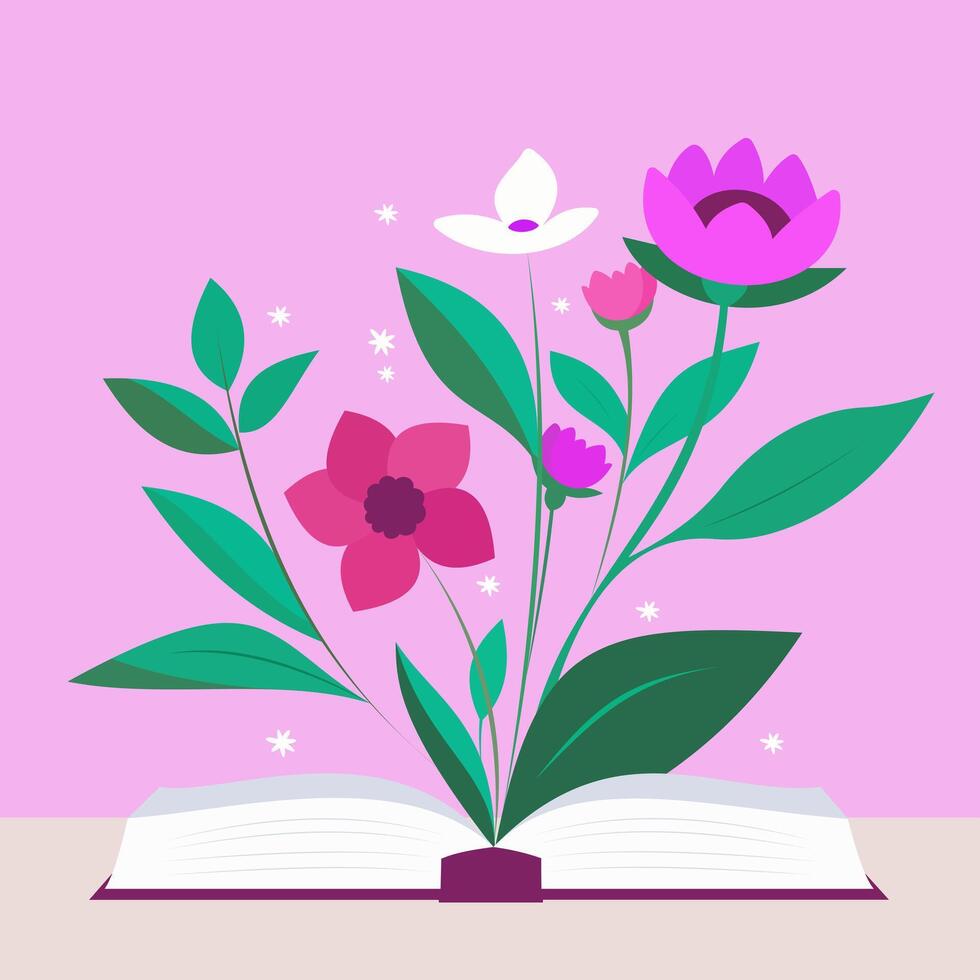 Aperto libro e fiore. piatto vettore illustrazione