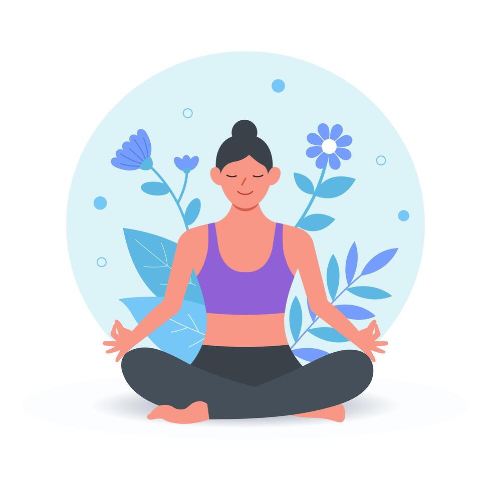 giovane donna fare yoga esercizi, praticante meditazione su loto posa, donna seduta con un' fiore illustrazione nel il sfondo, bene mentale Salute yoga stile di vita e automedicazione vettore
