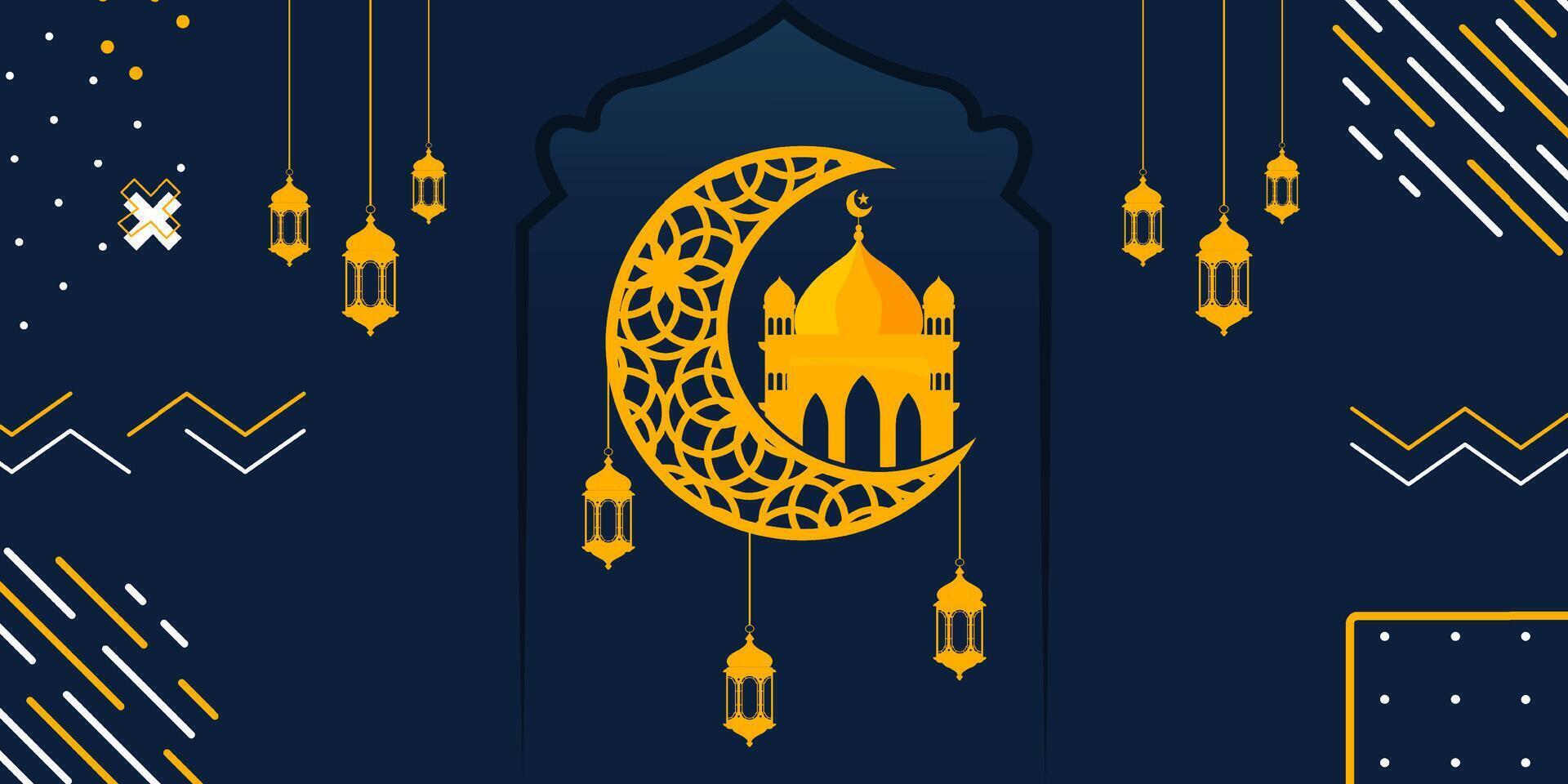 Ramadan kareem Luna moschea Arabo calligrafia, modello per striscione, invito, manifesto, carta per il celebrazione di musulmano Comunità Festival vettore