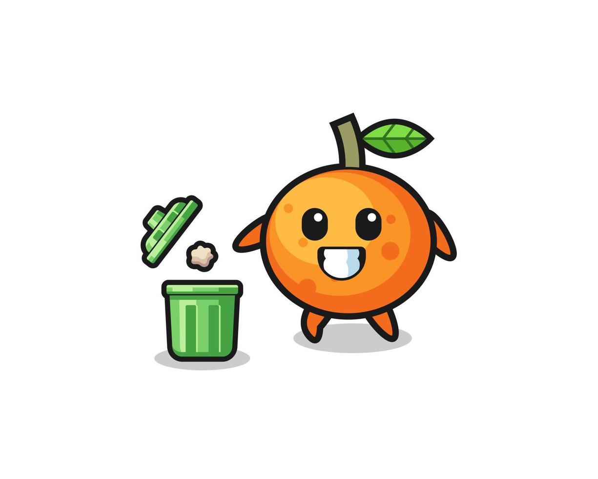 illustrazione del mandarino che getta la spazzatura nel bidone della spazzatura vettore