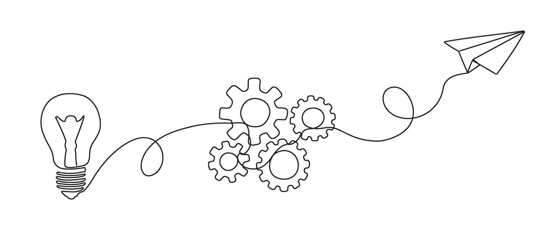 leggero lampadina, Ingranaggio e carta aereo volante su nel uno continuo modificabile linea. lavoro di squadra concetto, attività commerciale idee. vettore illustrazione nel semplice lineare stile.