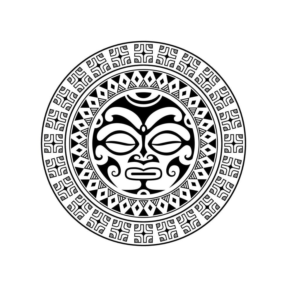 ornamento tatuaggio rotondo con faccia di sole in stile maori. maschera etnica africana, azteca o maya. vettore