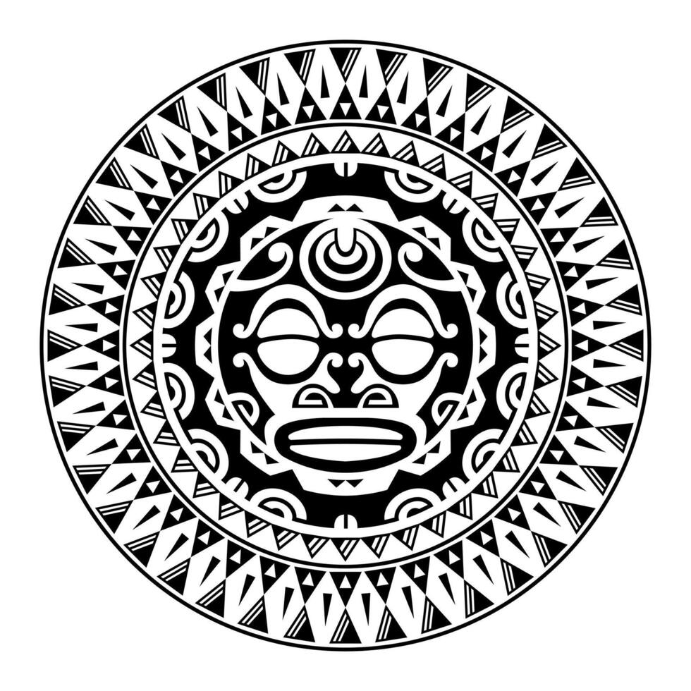 ornamento tatuaggio rotondo con faccia di sole in stile maori. maschera etnica africana, azteca o maya. vettore