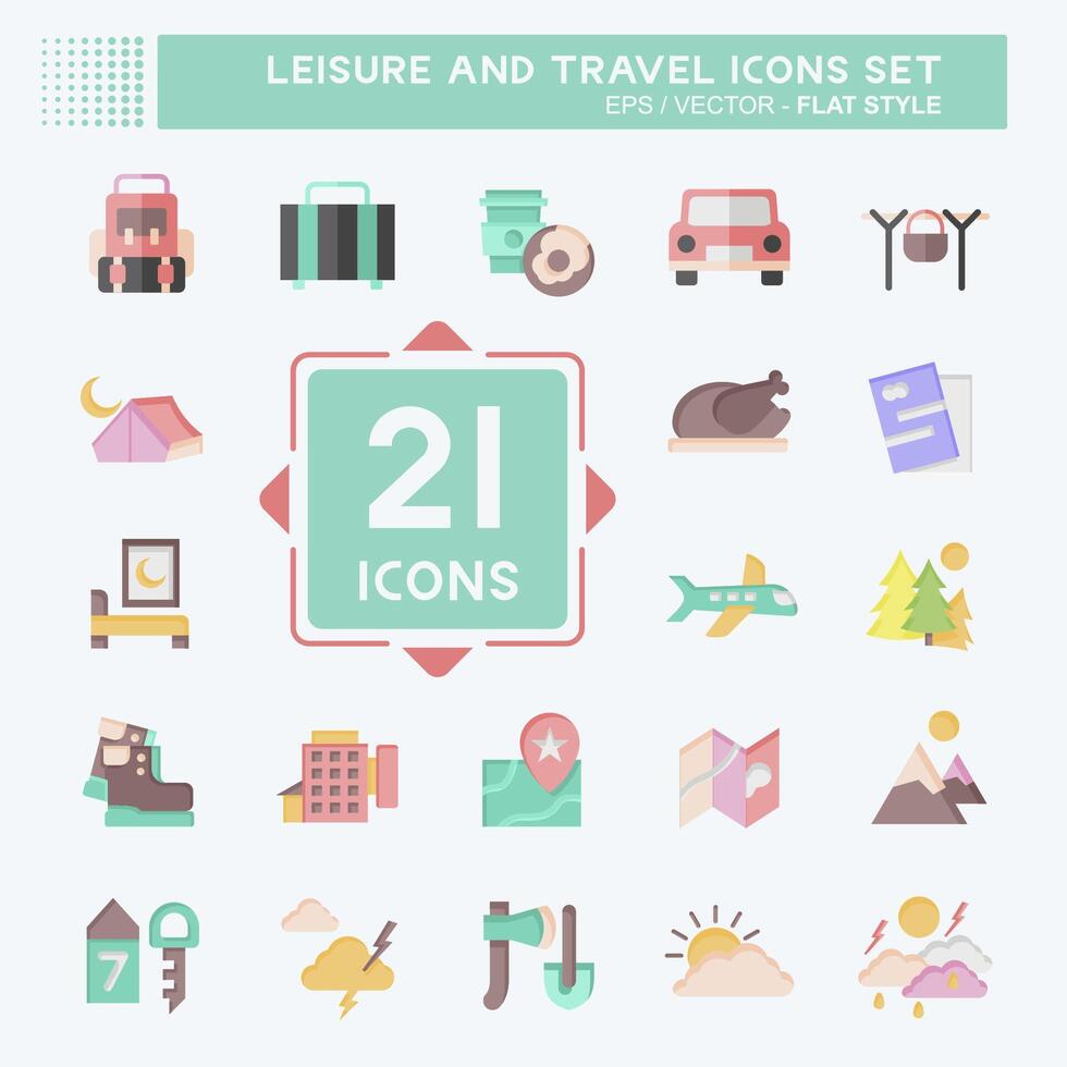 icona impostato tempo libero e viaggio. relazionato per vacanza simbolo. piatto stile. semplice design illustrazione. vettore