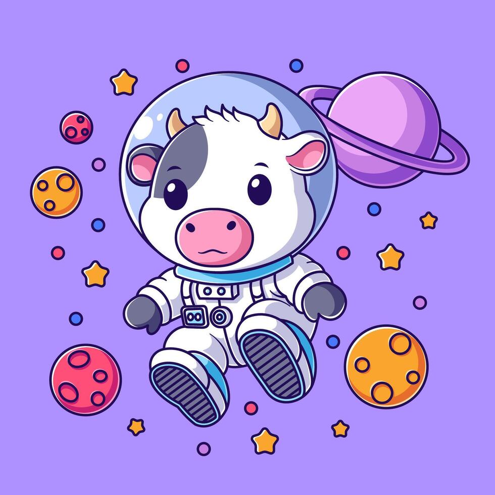 carino mucca galleggiante nel spazio indossare astronauta completo da uomo vettore
