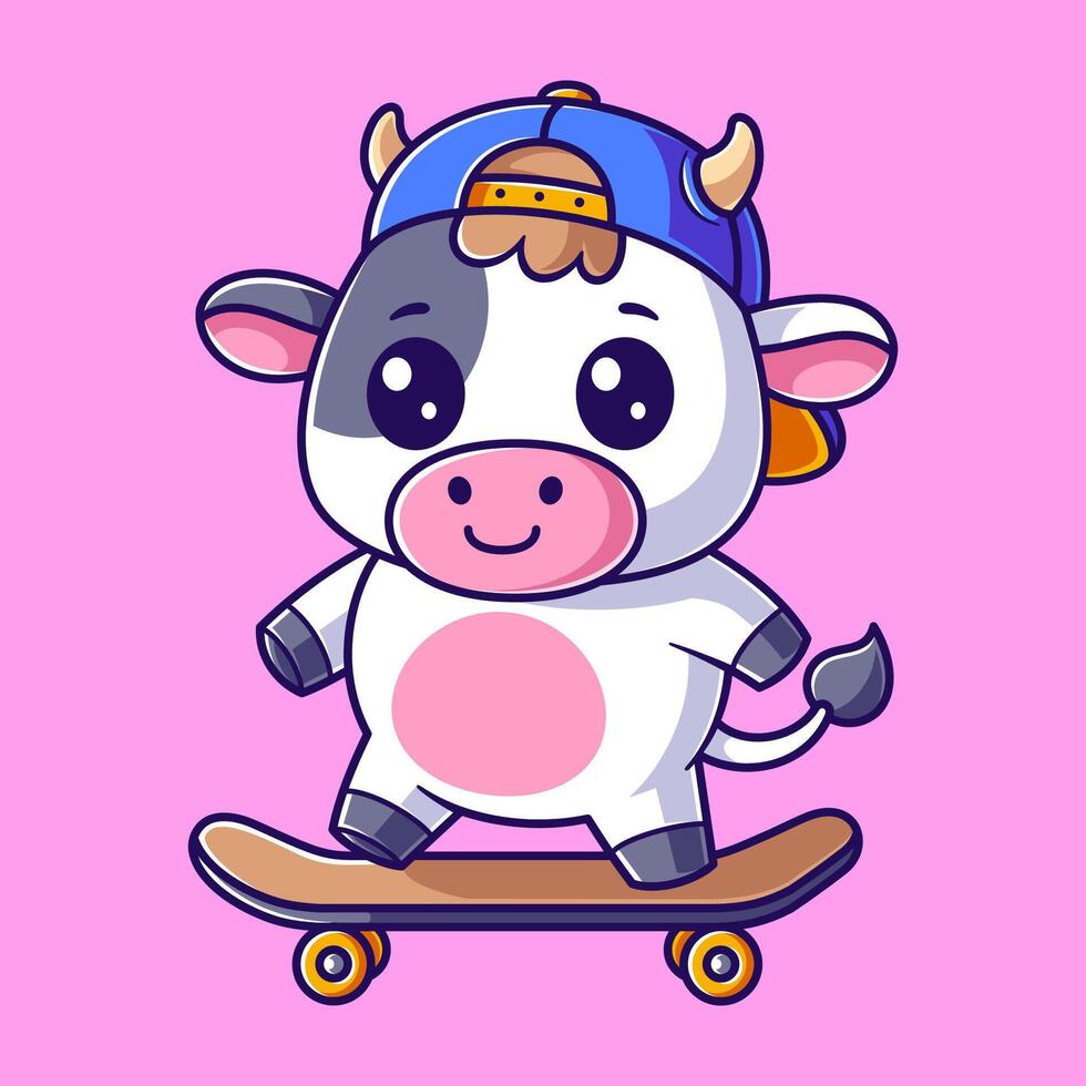 carino mucca andare con lo skateboard e indossare un' blu cappello vettore