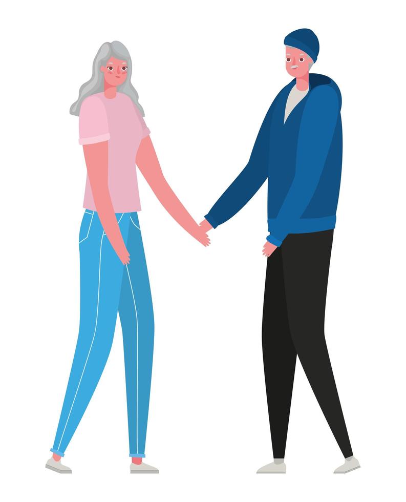 cartoni animati uomo e donna senior con abbigliamento sportivo che si tengono per mano disegno vettoriale
