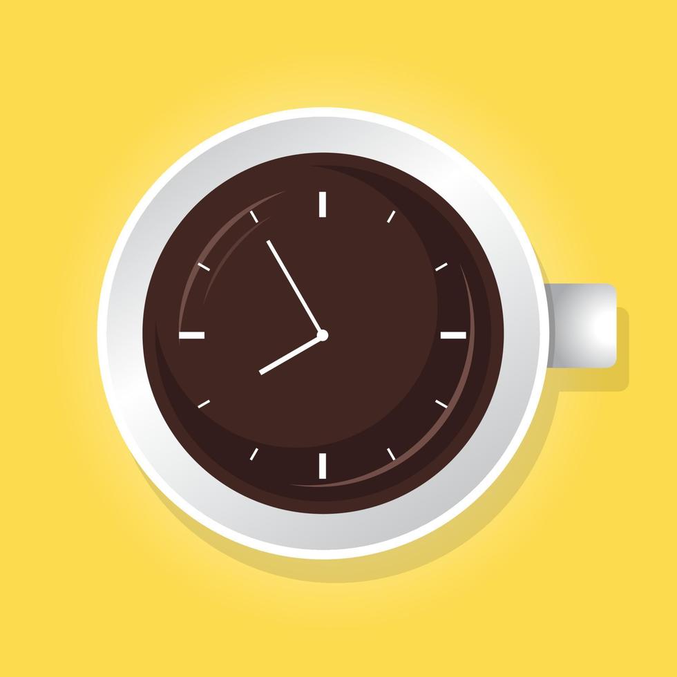 tazza di caffè con orologio sulla sua superficie. caffè mattutino, concetto di pausa caffè. vettore