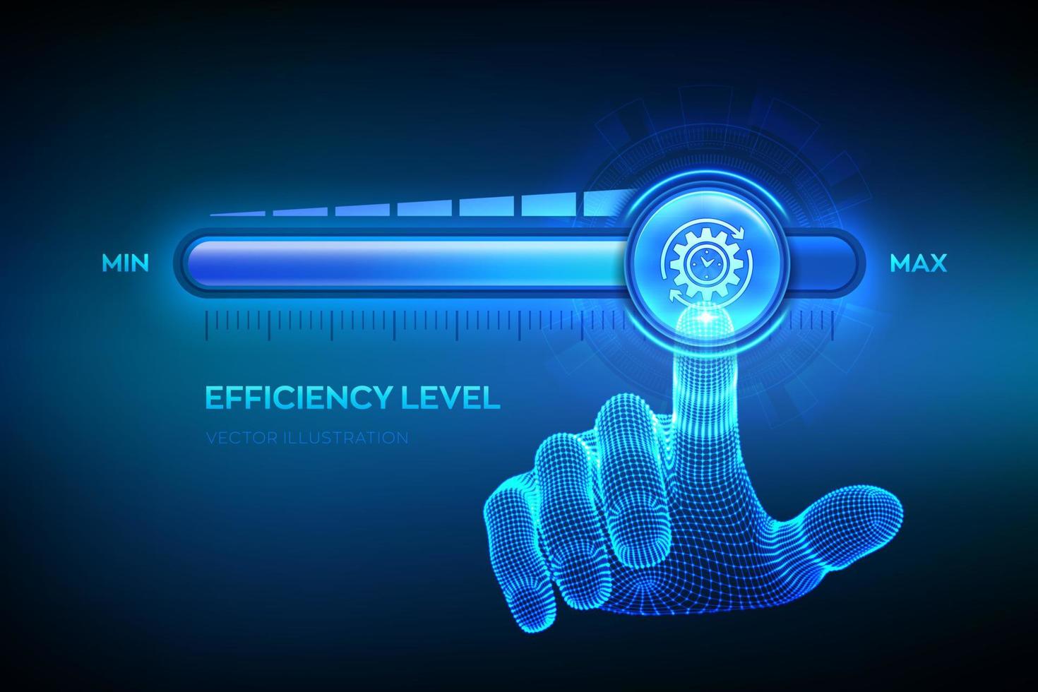 aumento del livello di efficienza. la mano wireframe sta tirando verso l'alto la barra di avanzamento della posizione massima con l'icona dell'efficienza. concetto di business di sviluppo e crescita. illustrazione vettoriale. vettore