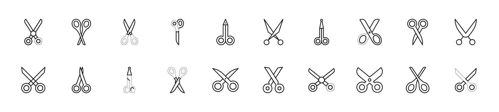 collezione di magro linea icone di forbici. lineare cartello e modificabile ictus. adatto per ragnatela siti, libri, articoli vettore