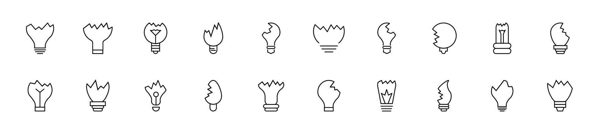 collezione di magro linea icone di rotto lampade. lineare cartello e modificabile ictus. adatto per ragnatela siti, libri, articoli vettore