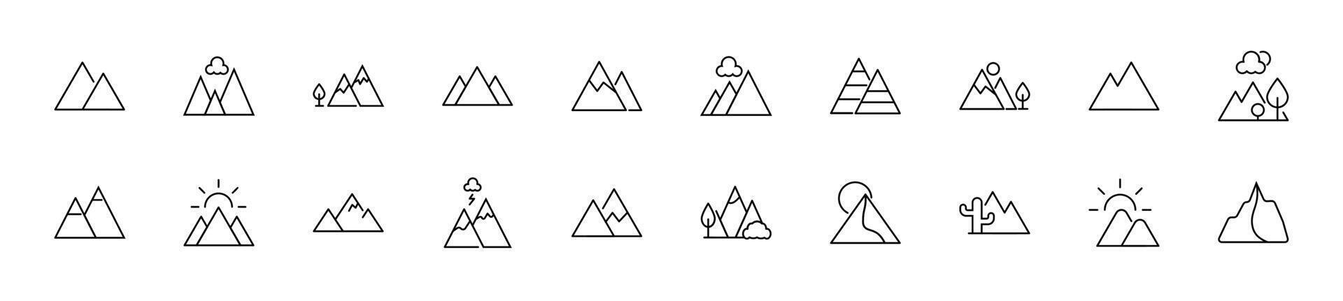 collezione di magro linea icone di montagna. lineare cartello e modificabile ictus. adatto per ragnatela siti, libri, articoli vettore