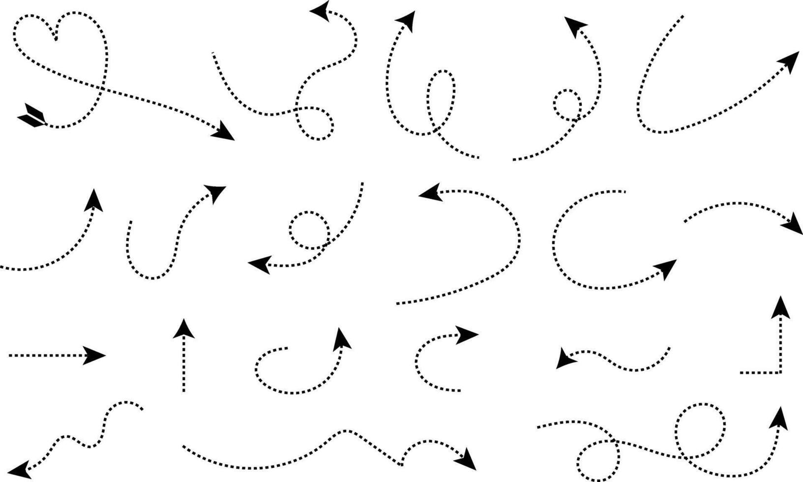 impostato di vettore tratteggiata frecce. design elementi. mano disegnare stravinto linea vettore icone impostare, pulito punto stile mano disegnato scarabocchio frecce.