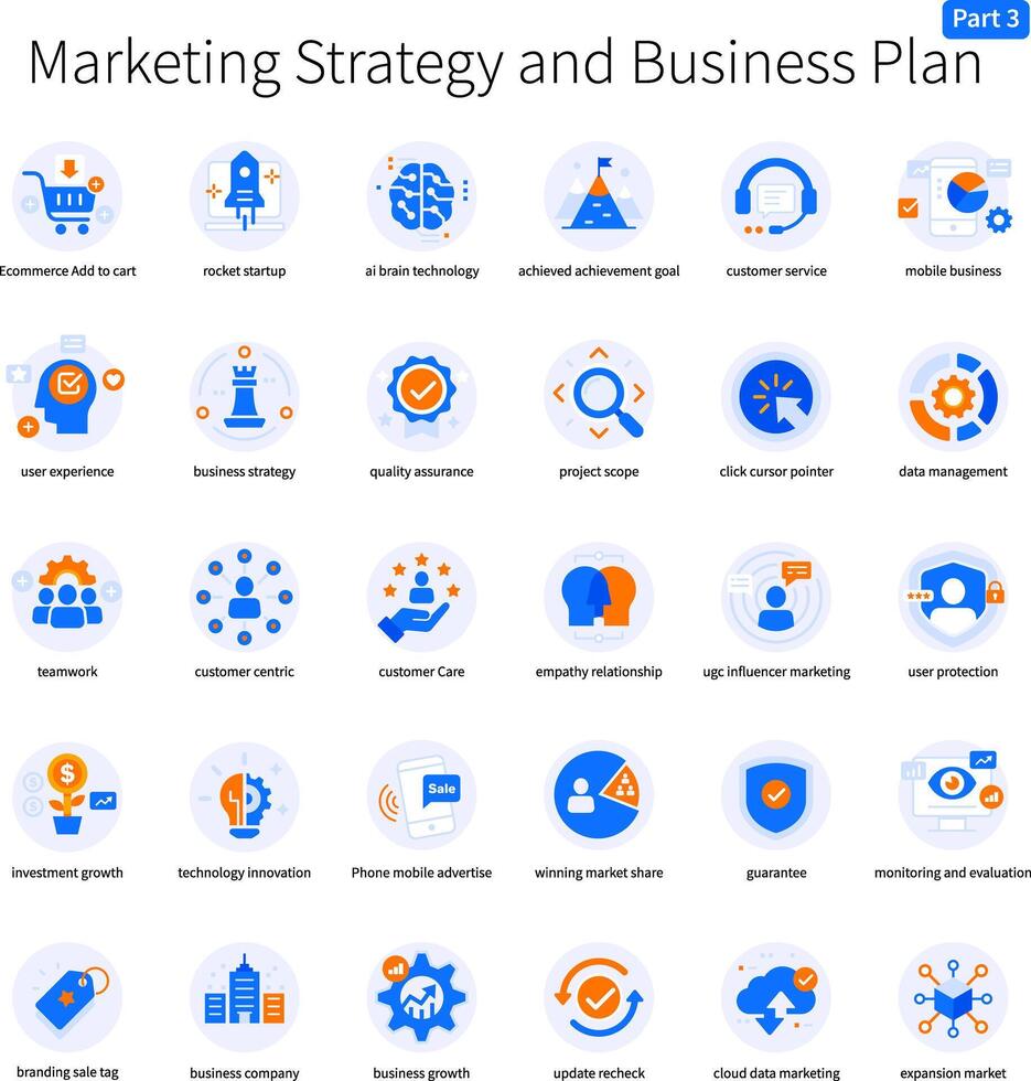 marketing strategia e attività commerciale Piano icona impostato parte 3 arancia blu colore vettore