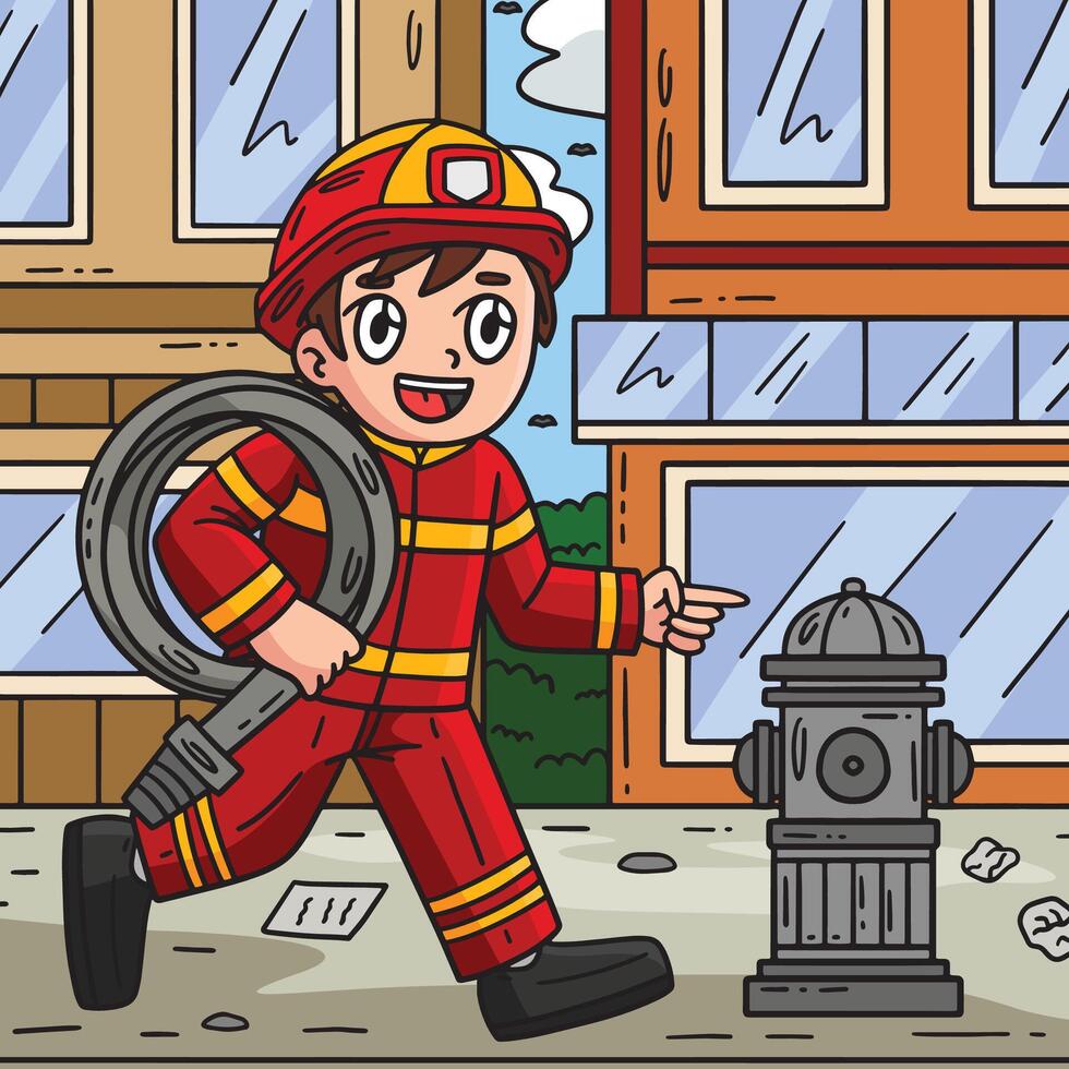 pompiere e fuoco idrante colorato cartone animato vettore