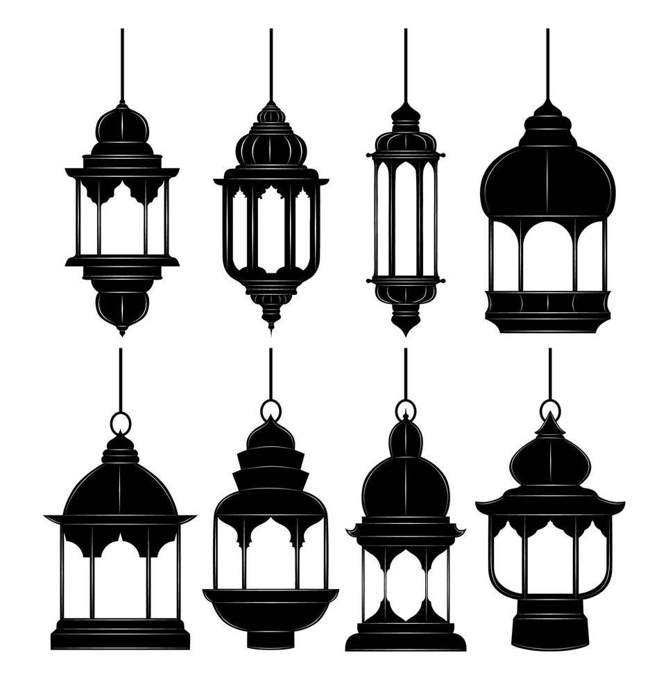 impostato Arabo sospeso lanterne silhouette icona. Ramadan islamico simbolo design vettore illustrazione