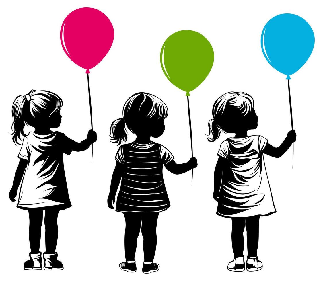 impostato bambino ragazze Tenere Palloncino indietro Visualizza silhouette monocromatico design vettore illustrazione