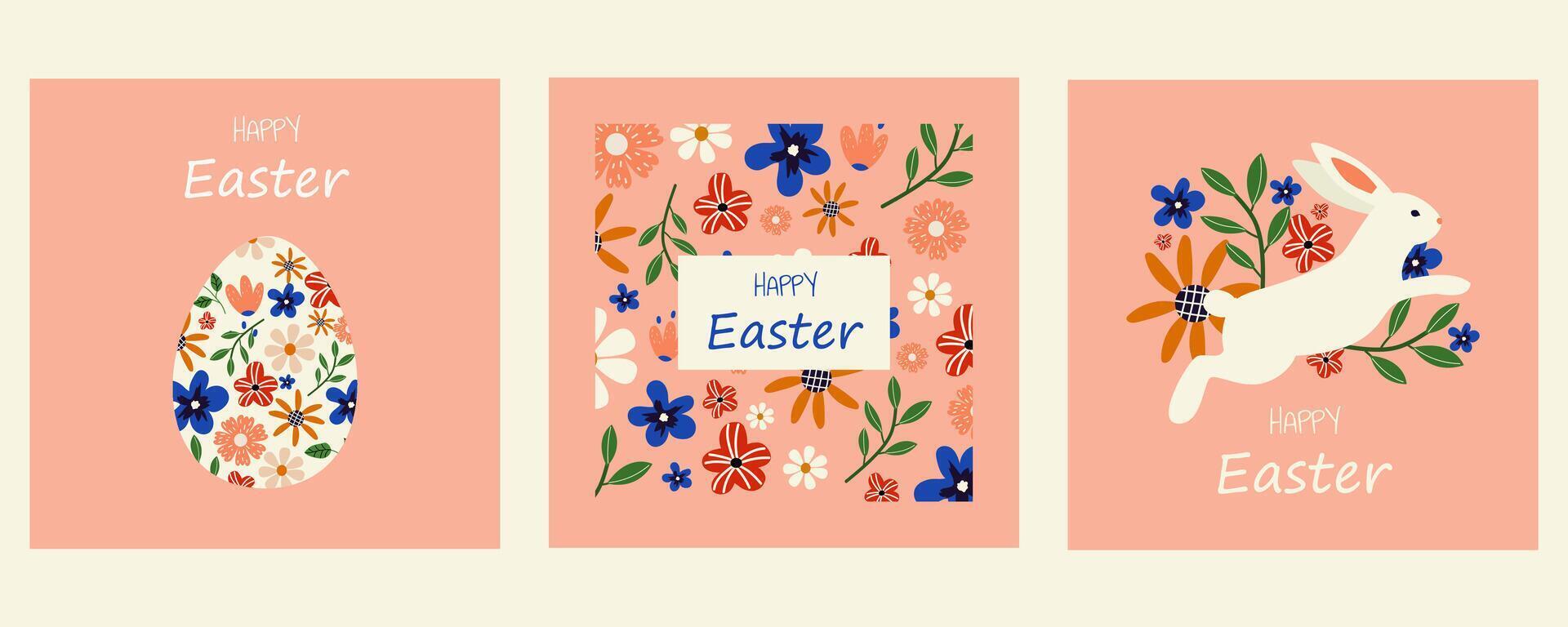 vettore Pasqua saluto carta. contento Pasqua. cartolina con coniglietto, fiori, uova. impostato mano disegnato primavera saluto carte. minimalista saluto carta con primavera tema.