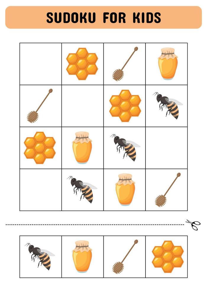 sudoku per bambini. il tema di apicoltura. Giochi per bambini. stampabile pagine per bambini in età prescolare. vettore