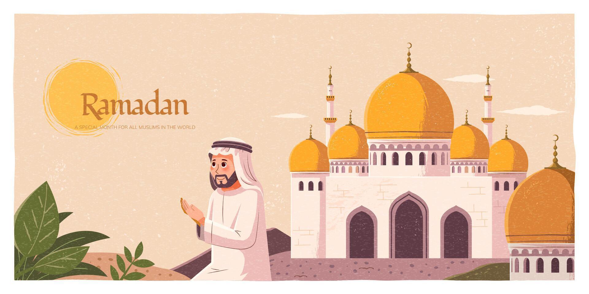 musulmano uomo fare preghiera all'aperto con un' bellissimo moschea dietro, festeggiare uno di il maggior parte importante festival nel islamico cultura, Ramadan vettore