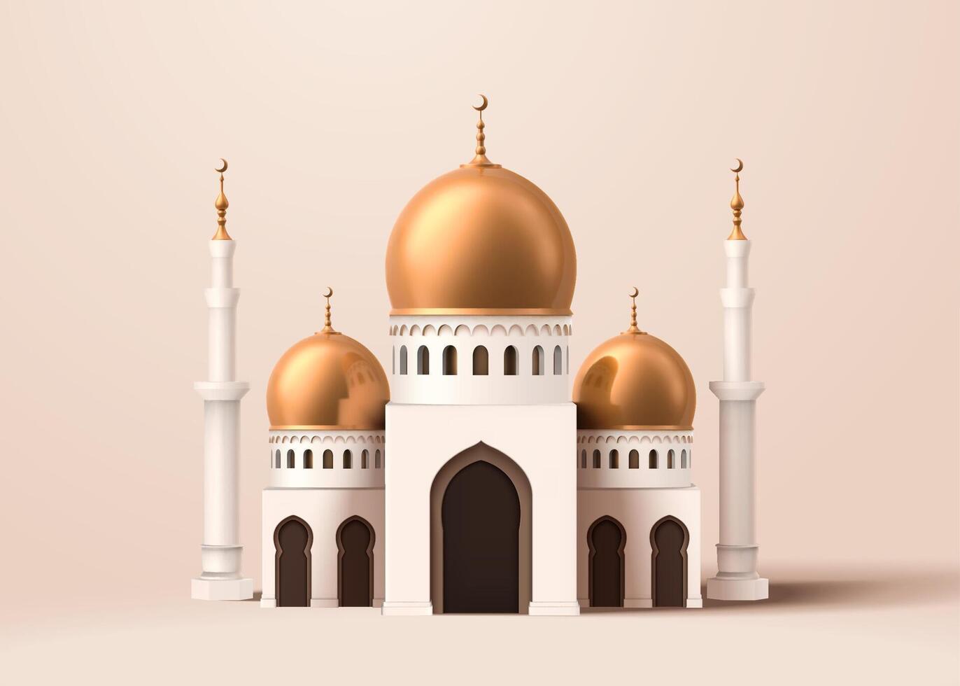 3d illustrazione di un squisito moschea edificio modello decorato con lucido ottone cupola su avorio beige sfondo, per Ramadan evento uso vettore