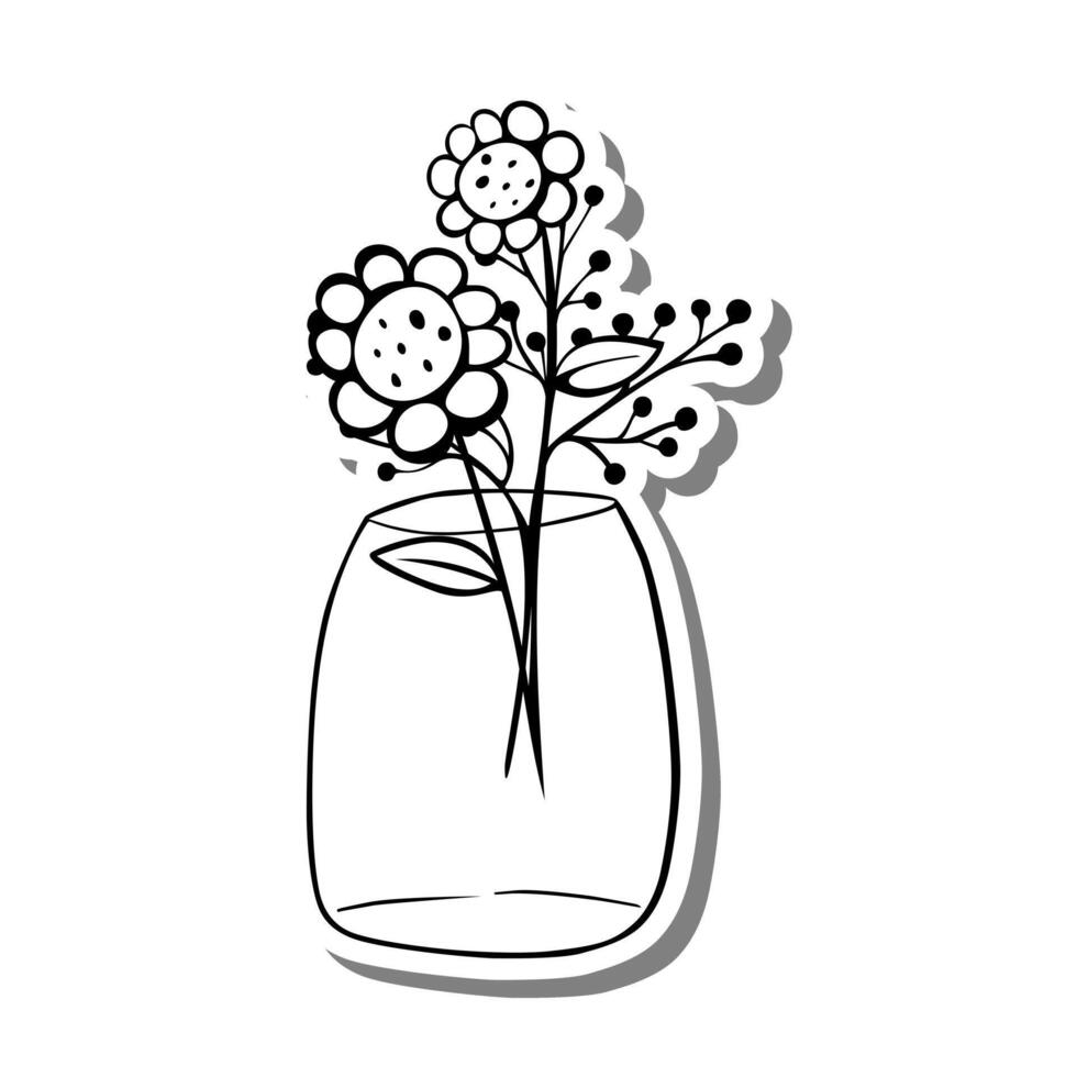 nero linea scarabocchio fiori nel bicchiere vaso su bianca silhouette e grigio ombra. mano disegnato cartone animato stile. vettore illustrazione per decorare e qualunque design.