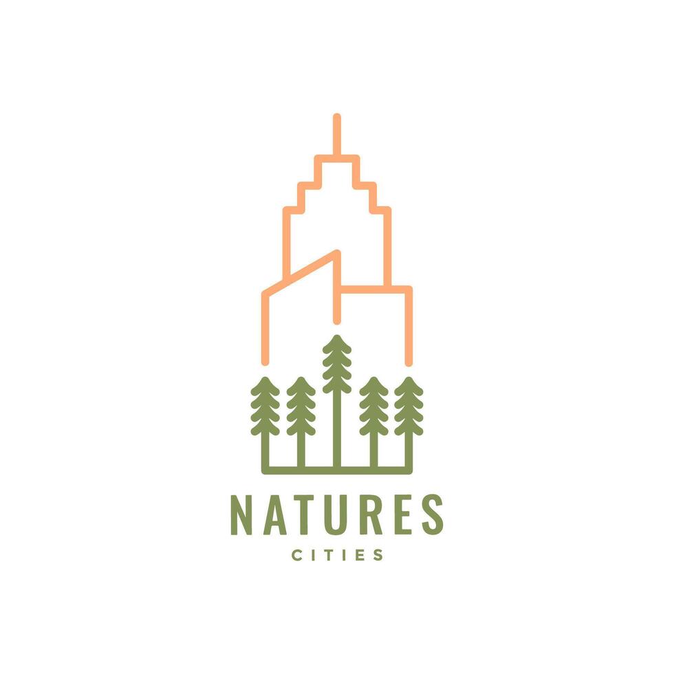 alberi foresta con edificio città natura linea stile minimo semplice fricchettone logo design vettore icona illustrazione