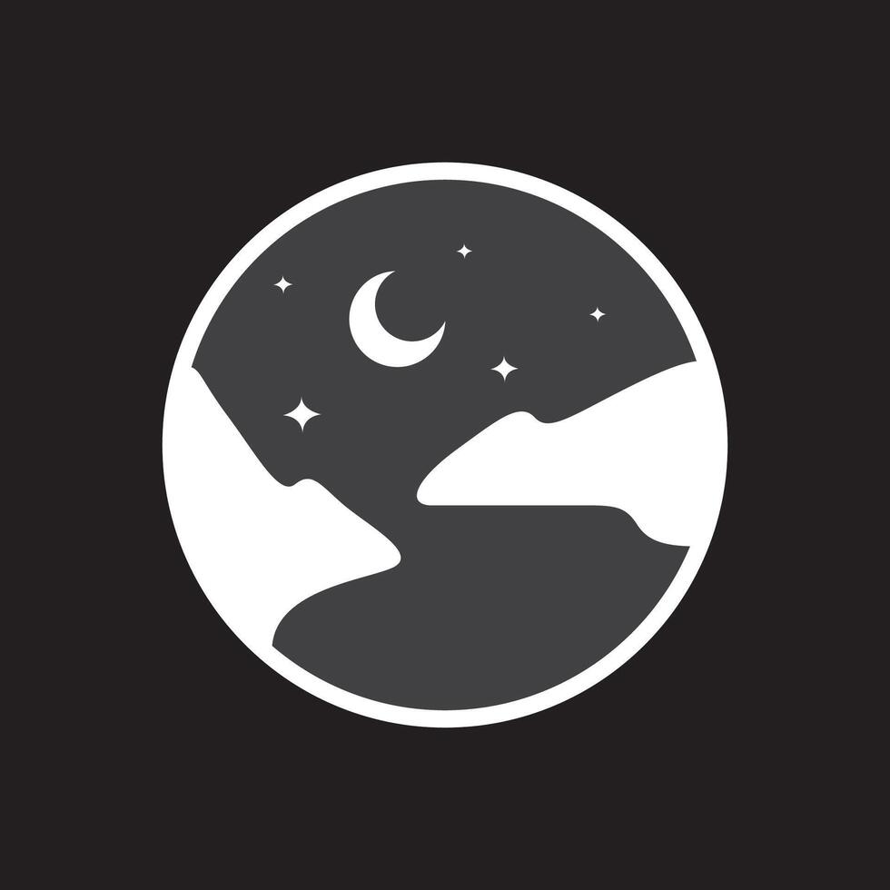 natura notte mezzaluna stelle picco e lago cerchio moderno semplice etichetta logo design vettore icona illustrazione