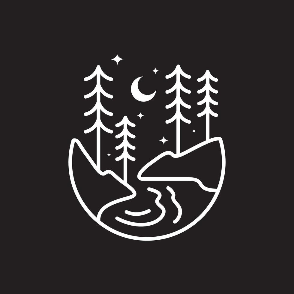 natura all'aperto foresta fiume alberi notte mezzaluna stelle minimalista stile linea etichetta logo design vettore icona illustrazione