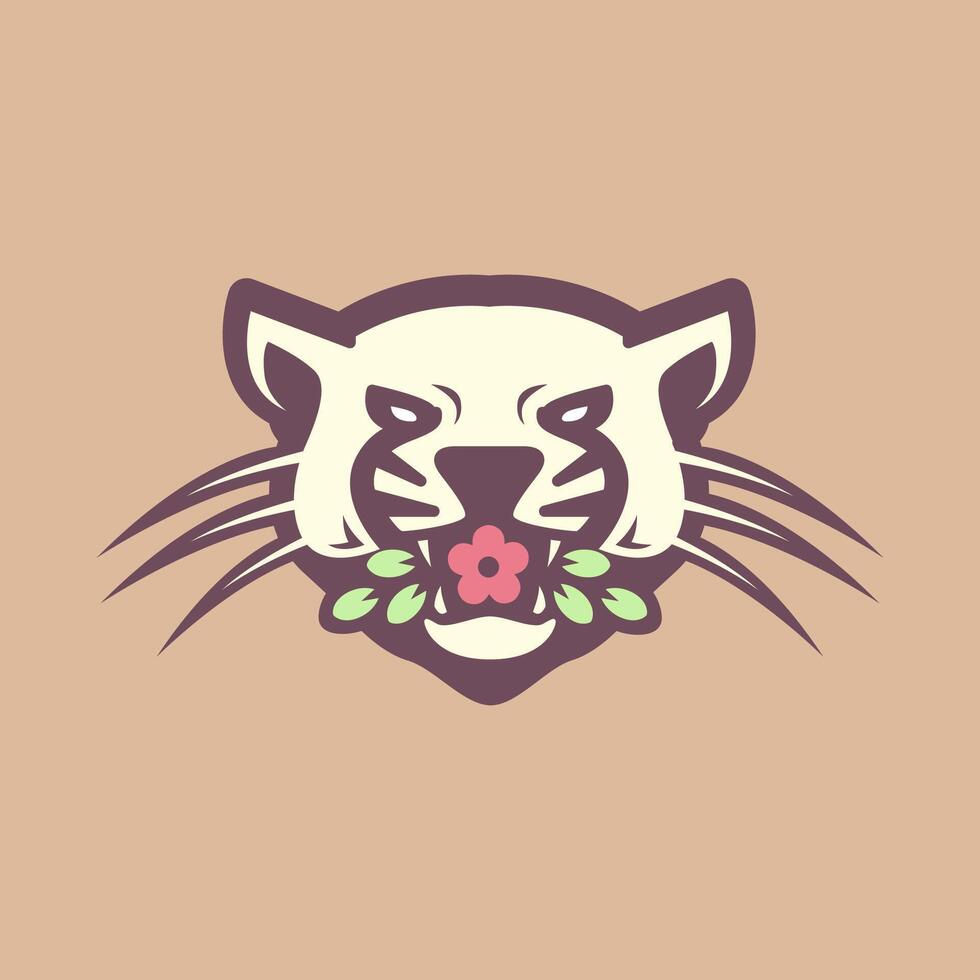 bestia animale ruggito leopardo con le foglie fiore portafortuna personaggio moderno colorato etichetta logo design vettore icona illustrazione