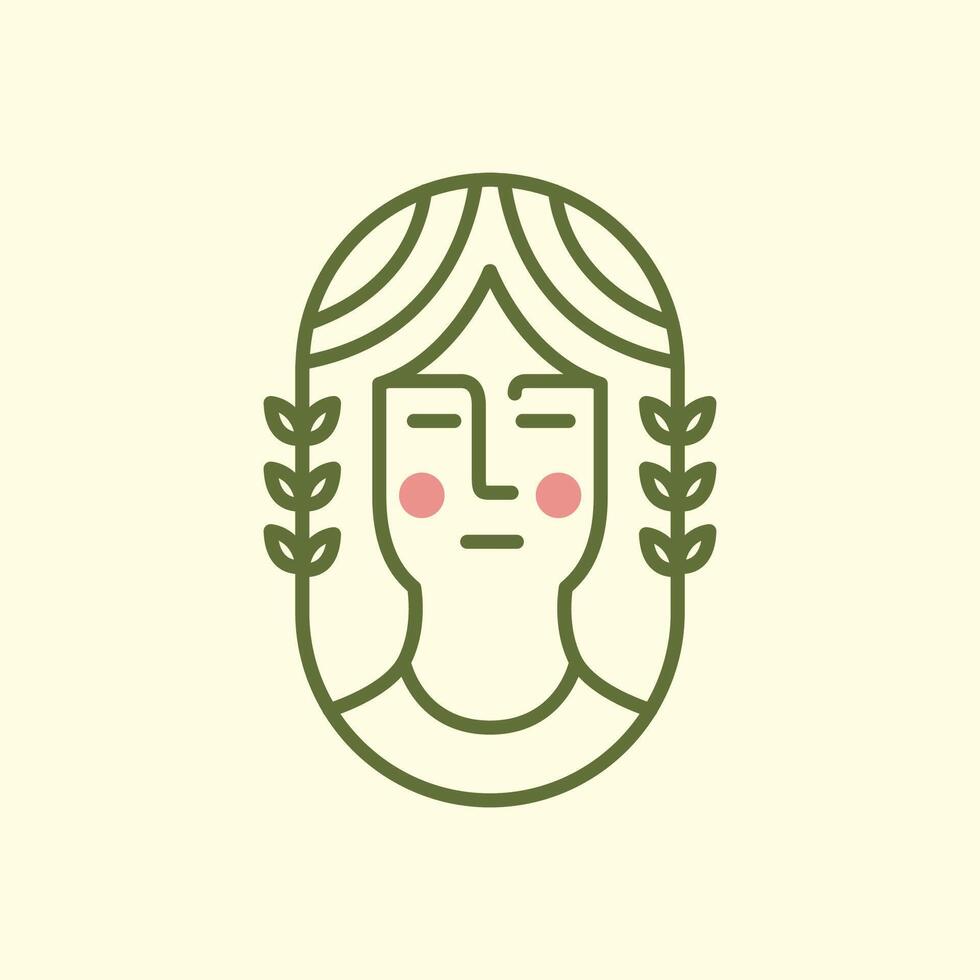 donna ritratto lungo capelli bellezza femminile arrotondato natura le foglie Linee semplice stile minimalista etichetta portafortuna logo design vettore icona illustrazione