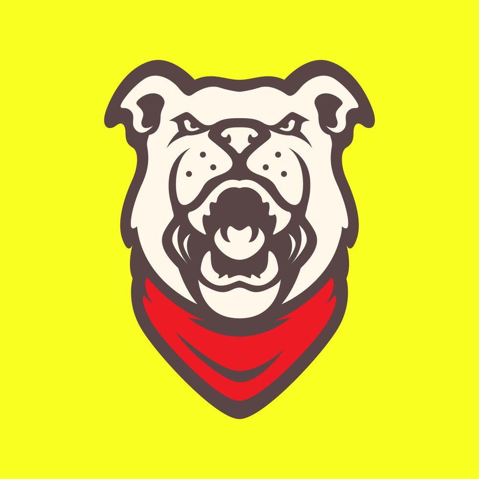 bulldog ritratto ruggito ringhiando arrabbiato con bandana portafortuna personaggio cartone animato moderno piatto etichetta logo design vettore icona illustrazione