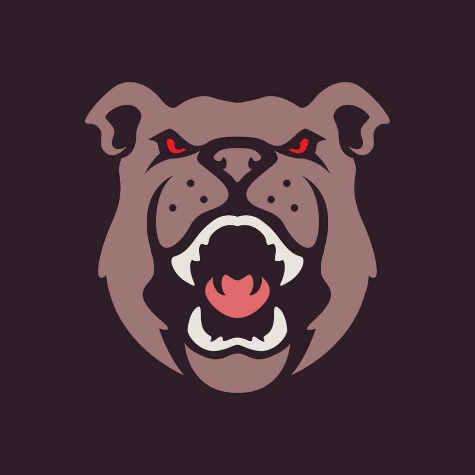 bulldog ritratto ruggito ringhiando arrabbiato portafortuna personaggio cartone animato moderno piatto etichetta logo design vettore icona illustrazione