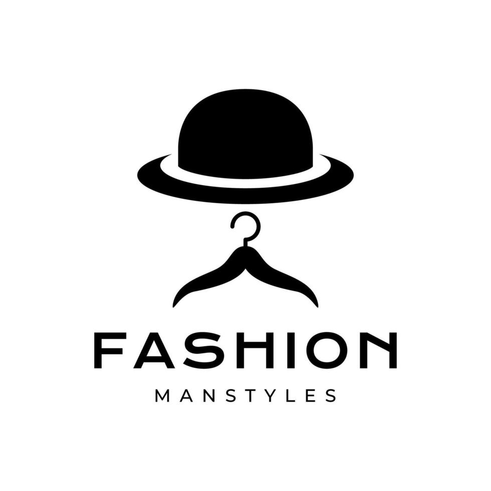 uomo moda stile arrotondato cerchio cappello baffi appendiabiti maschile logo design vettore icona illustrazione