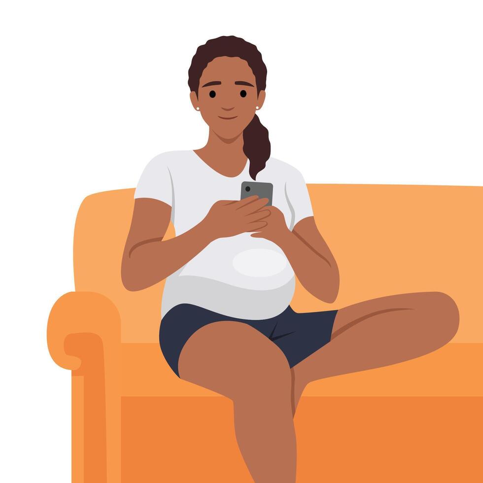 vettore illustrazione di un' incinta donna utilizzando un' smartphone nel il camera seduta su un' giallo divano