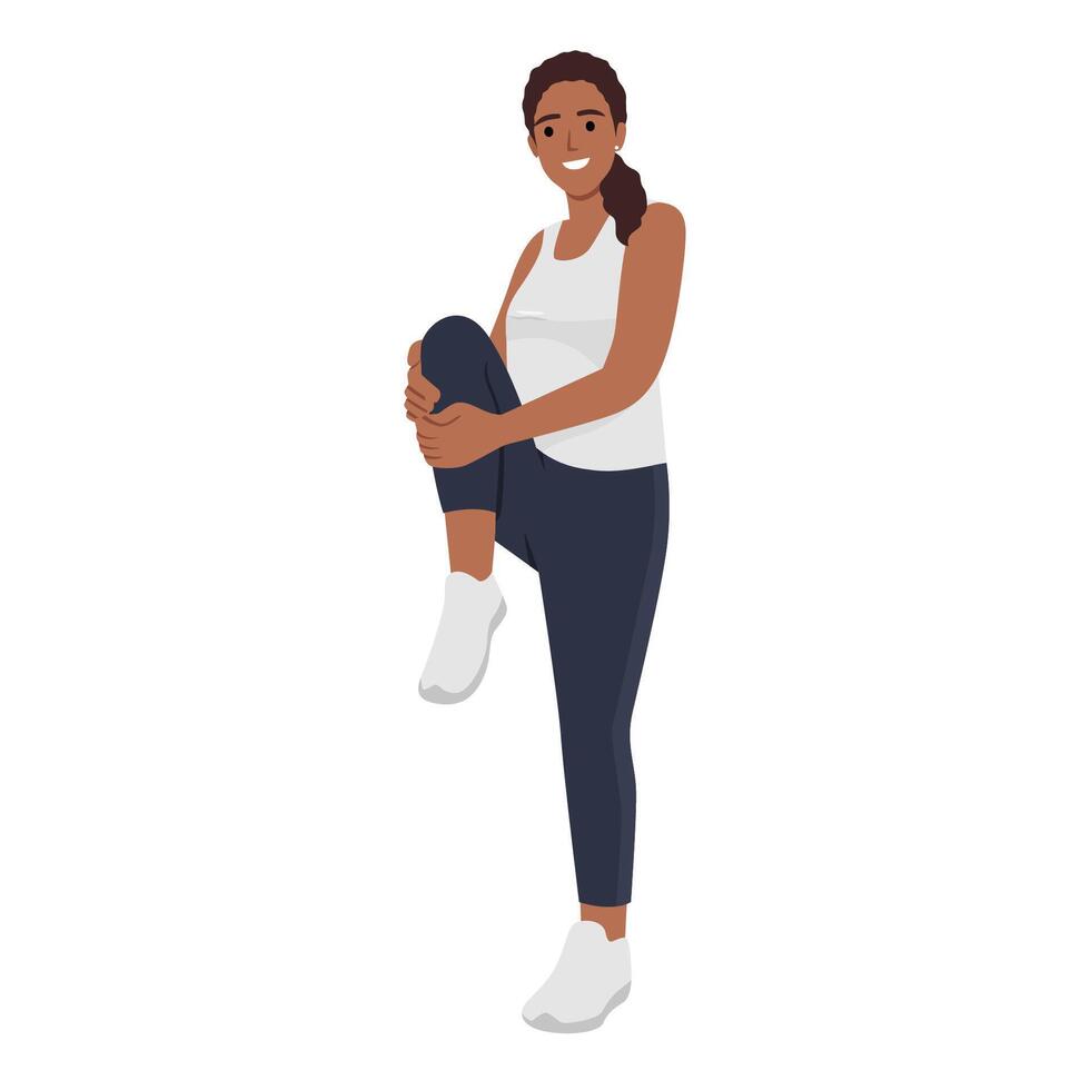 giovane donna allungamento esercizi Tenere sua davanti ginocchio e riscaldamento su. preparare per allenarsi o per correre. vettore