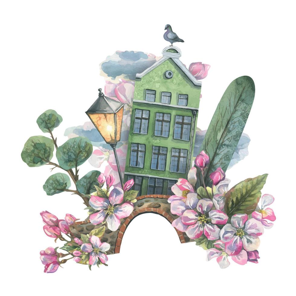un' carino, verde Casa con alberi, un' ponte, un' lanterna, un' piccione, nuvole e Mela fiori. acquerello illustrazione. primavera composizione a partire dal il collezione di europeo case. per il design. vettore