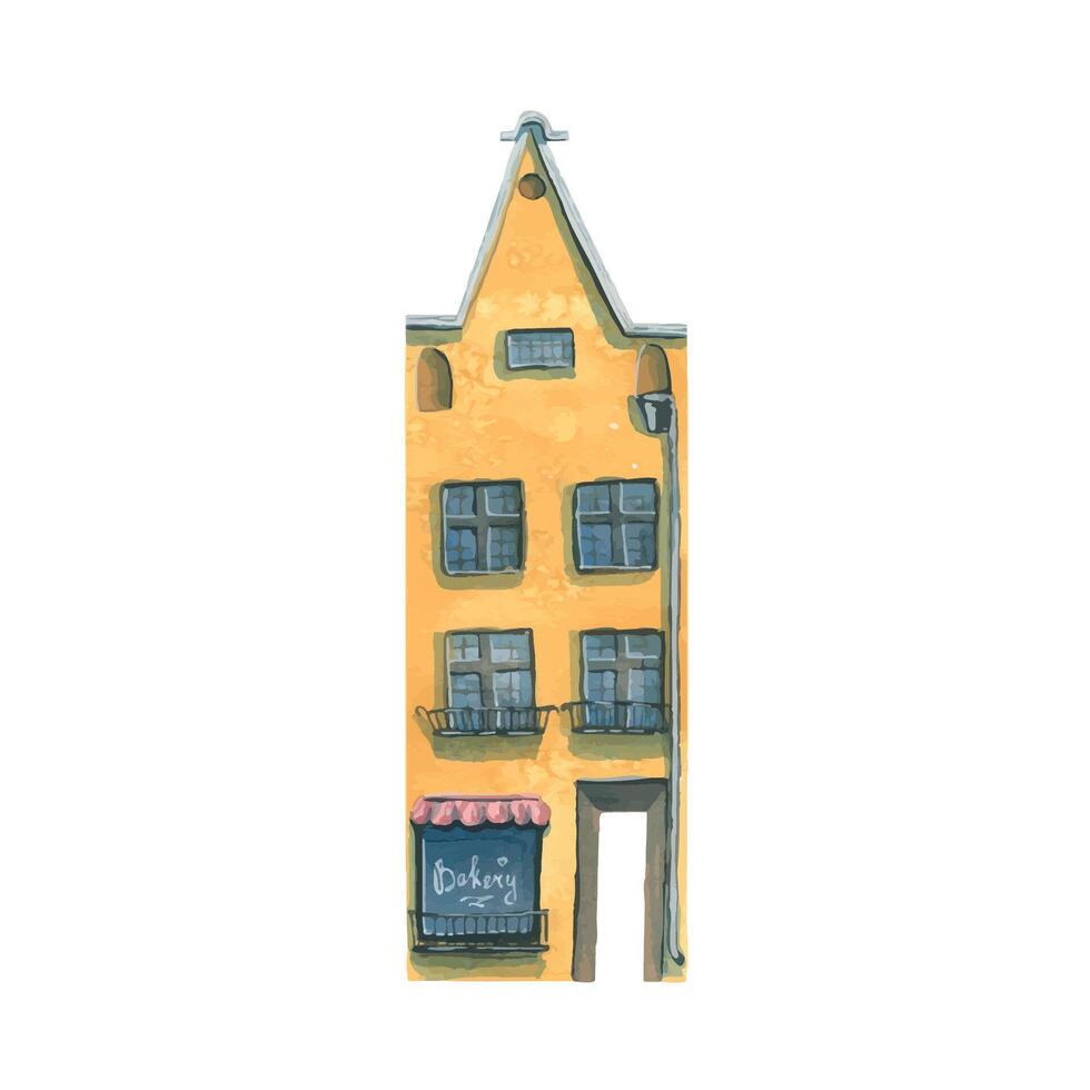 acquerello illustrazione di il Casa di il vecchio europeo città. isolato. giallo. per decorazione. vettore