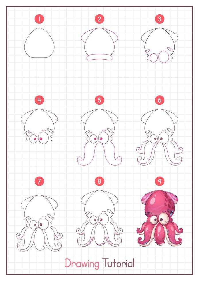 Come per disegnare un' calamaro. passo di passo disegno tutorial. disegnare guida. semplice istruzione per bambini e adulti vettore