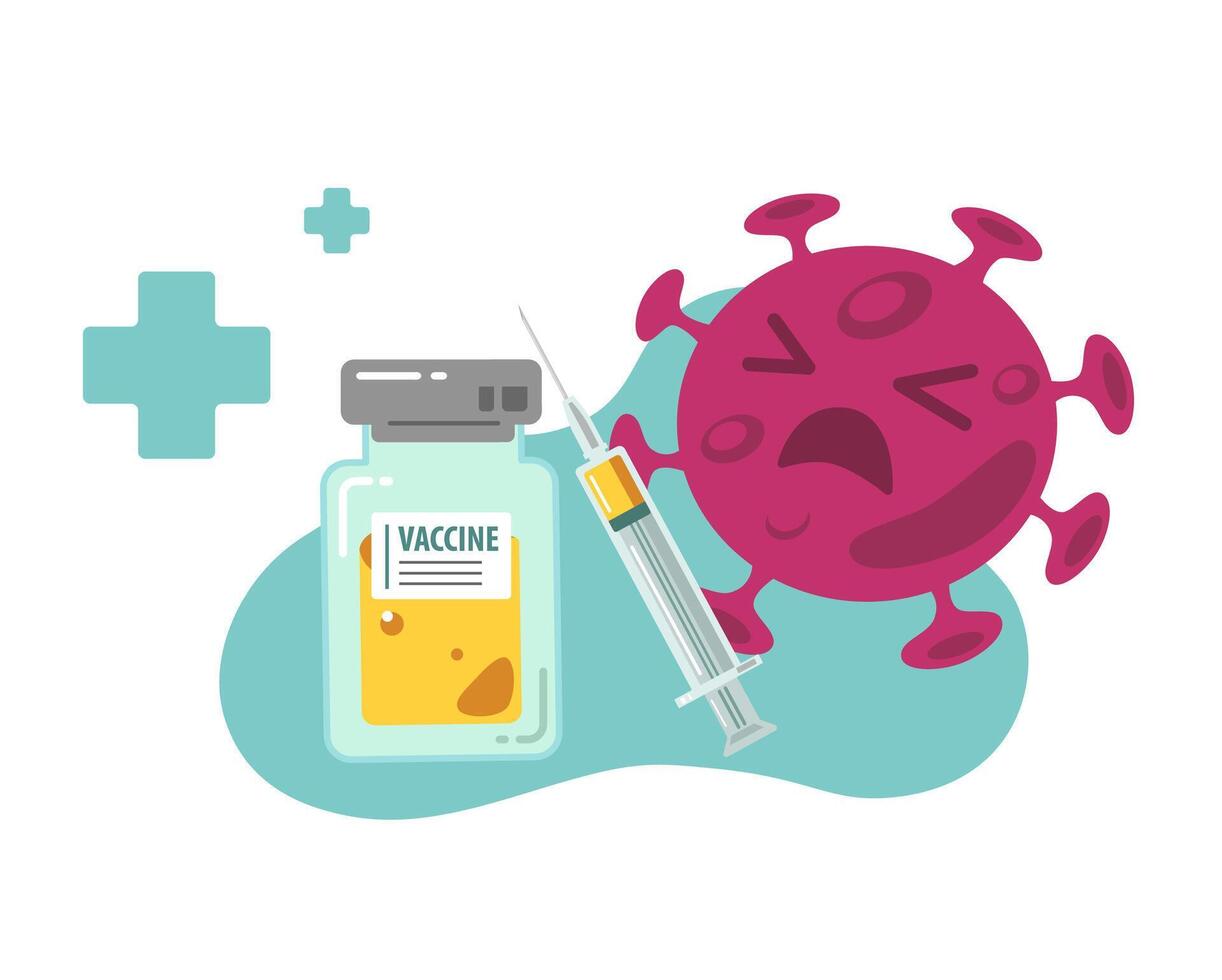 coronavirus con vaccino bottiglia e siringa iniezione attrezzo cartone animato personaggio piatto vettore illustrazione isolato su bianca sfondo.