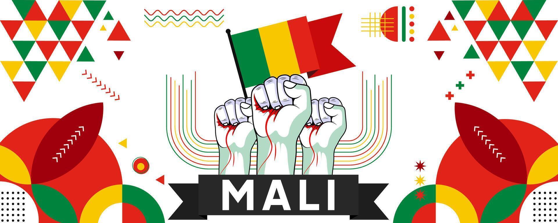 mali nazionale o indipendenza giorno bandiera per nazione celebrazione. bandiera di mali con sollevato pugni. moderno retrò design con typorgaphy astratto geometrico icone. vettore illustrazione.