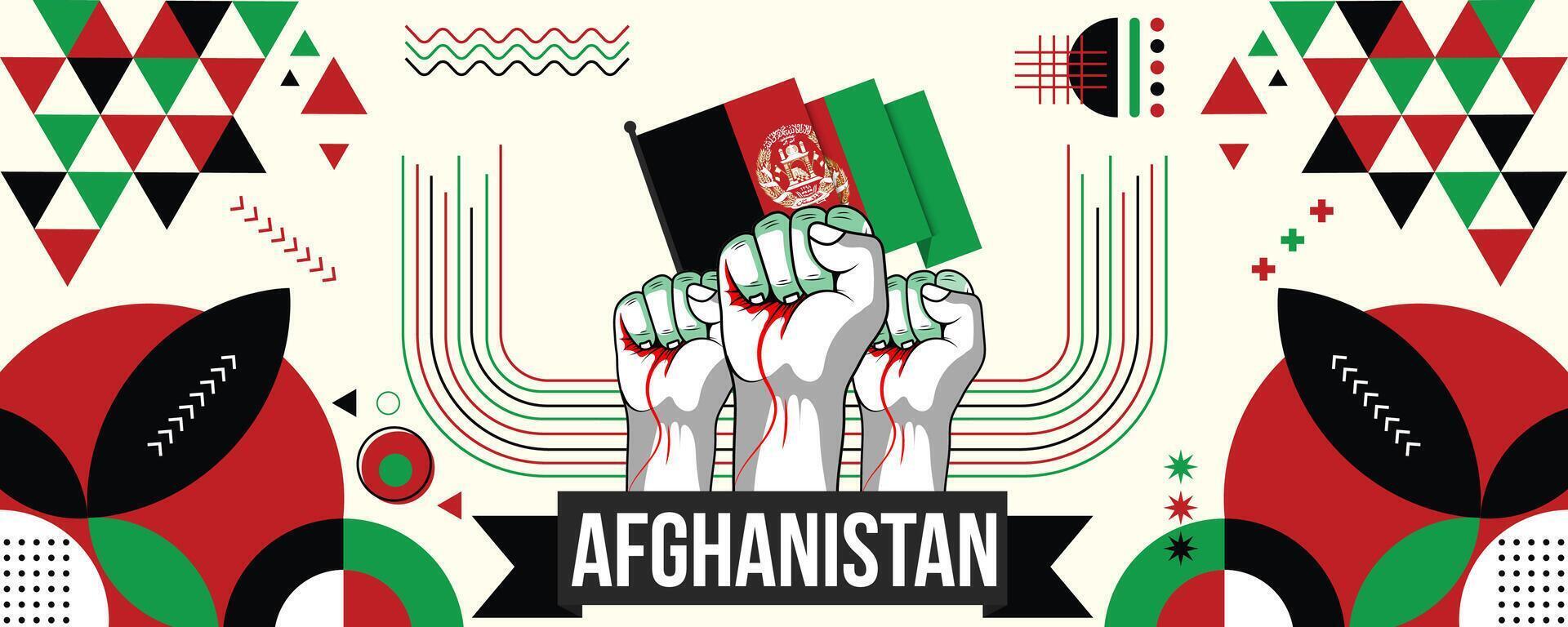 afghanistan nazionale o indipendenza giorno bandiera per nazione celebrazione. bandiera di afghanistan con sollevato pugni. moderno retrò design con typorgaphy astratto geometrico icone. vettore illustrazione