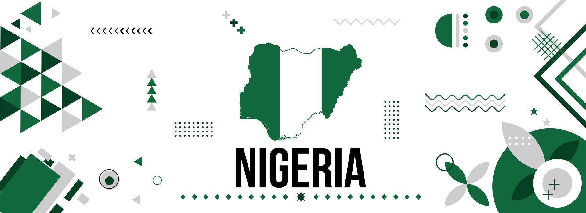 Nigeria nazionale o indipendenza giorno bandiera per nazione celebrazione. bandiera e carta geografica di Nigeria con moderno retrò design con typorgaphy astratto geometrico icone. vettore illustrazione.
