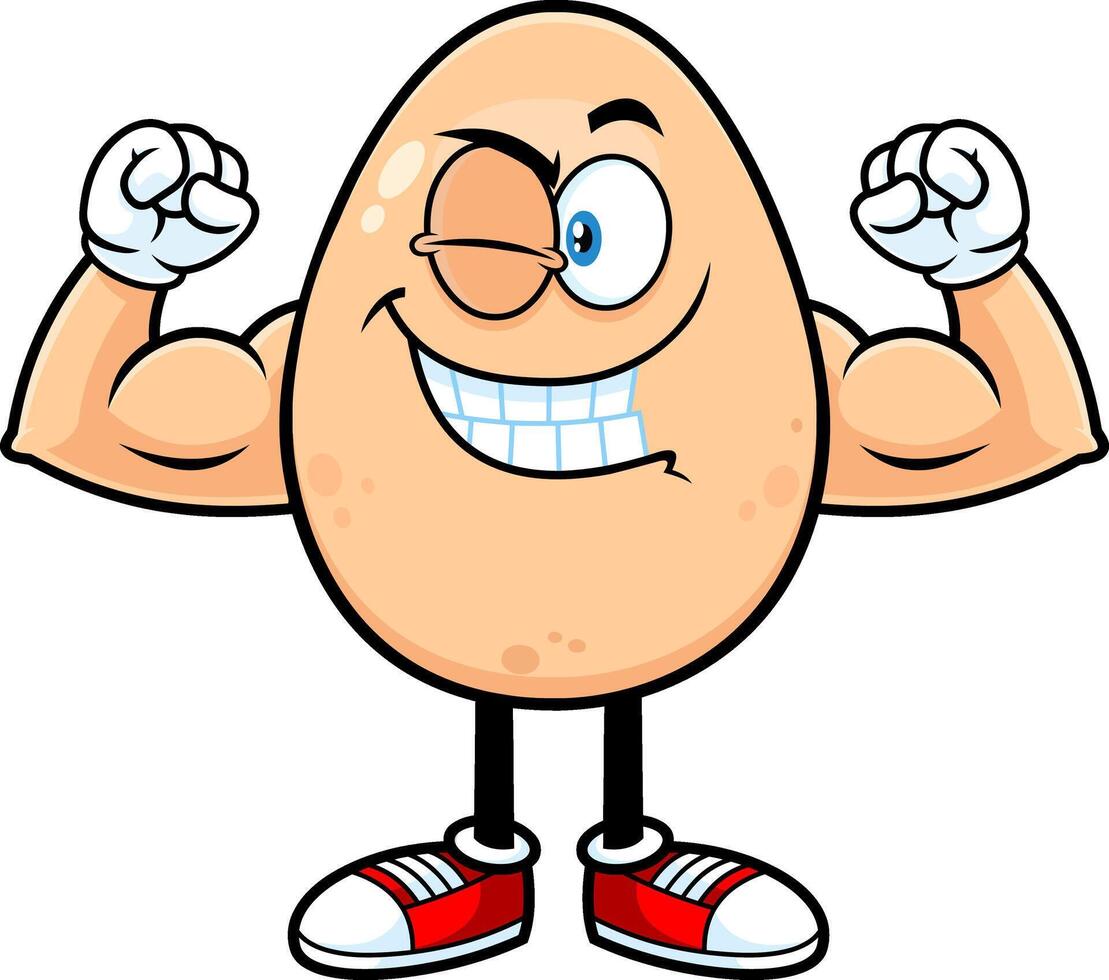 forte uovo cartone animato personaggio strizzando l'occhio e mostrando muscolo braccia vettore