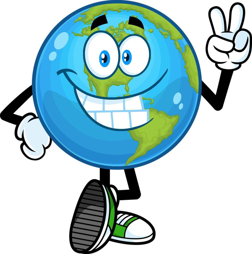 sorridente terra globo cartone animato personaggio mostrando pace mano cartello. vettore mano disegnato illustrazione isolato su trasparente sfondo