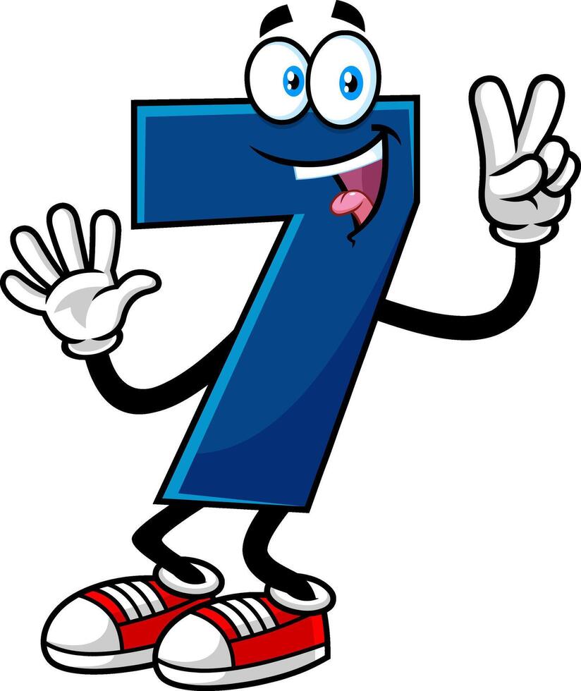 divertente blu numero Sette 7 cartone animato personaggio mostrando mani numero Sette. vettore mano disegnato illustrazione