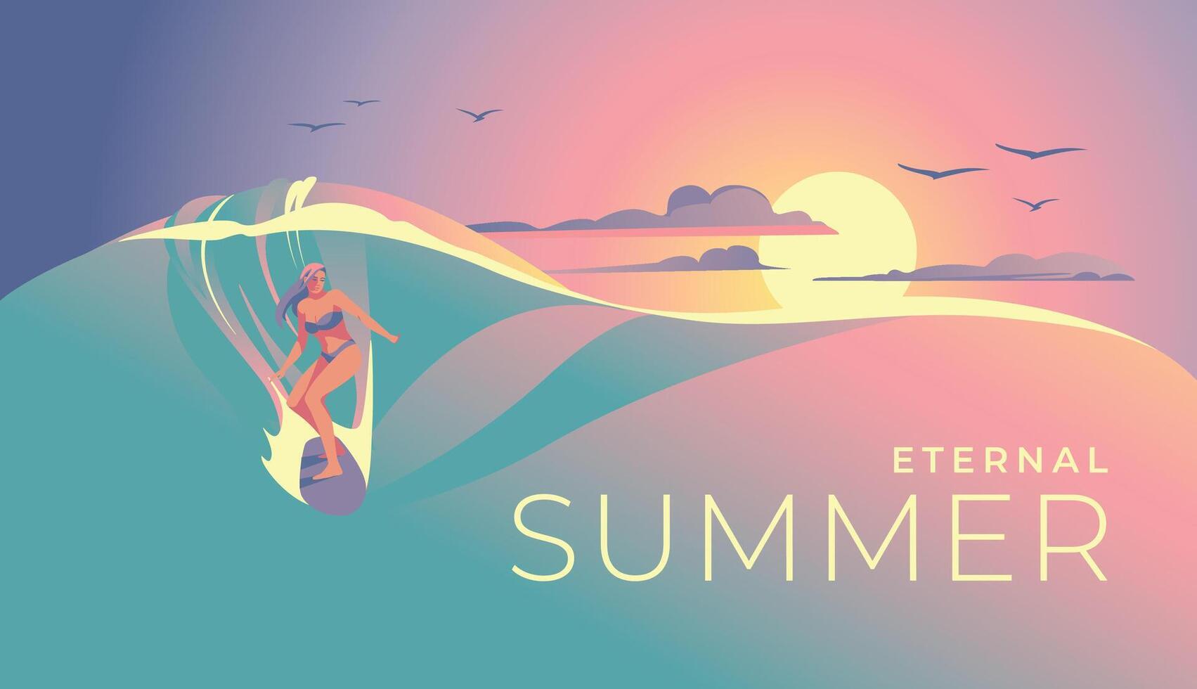 femmina surfer su tramonto onda. un' paesaggio di un' tropicale Paradiso. sera mare di rosa-viola colori. estate gli sport e vacanze. vettore illustrazione