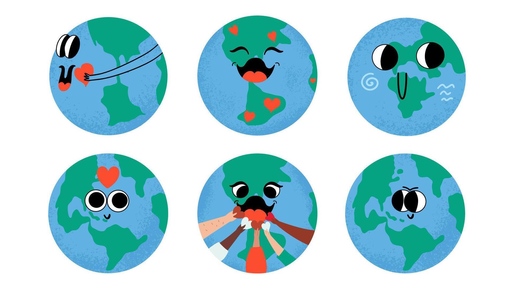cartone animato divertente pianeta impostare. terra giorno. internazionale madre terra giorno adesivi pacchetto. ambientale concettuale collezioni. vettore