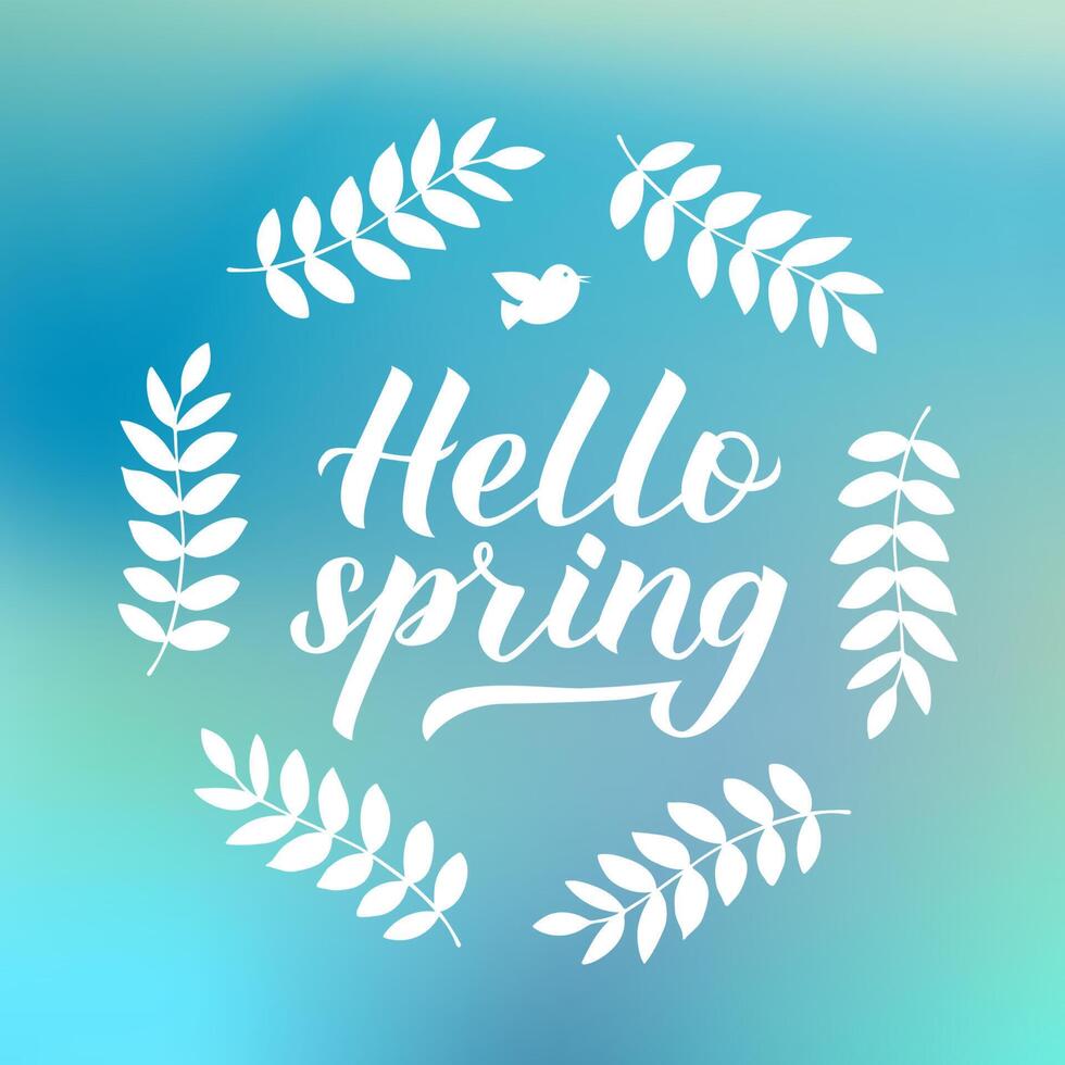 Ciao primavera calligrafia lettering con floreale ghirlanda telaio su verde blu sfocato sfondo. ispirazione di stagione citazione tipografia manifesto. facile per modificare vettore modello per striscione, volantino, distintivo.