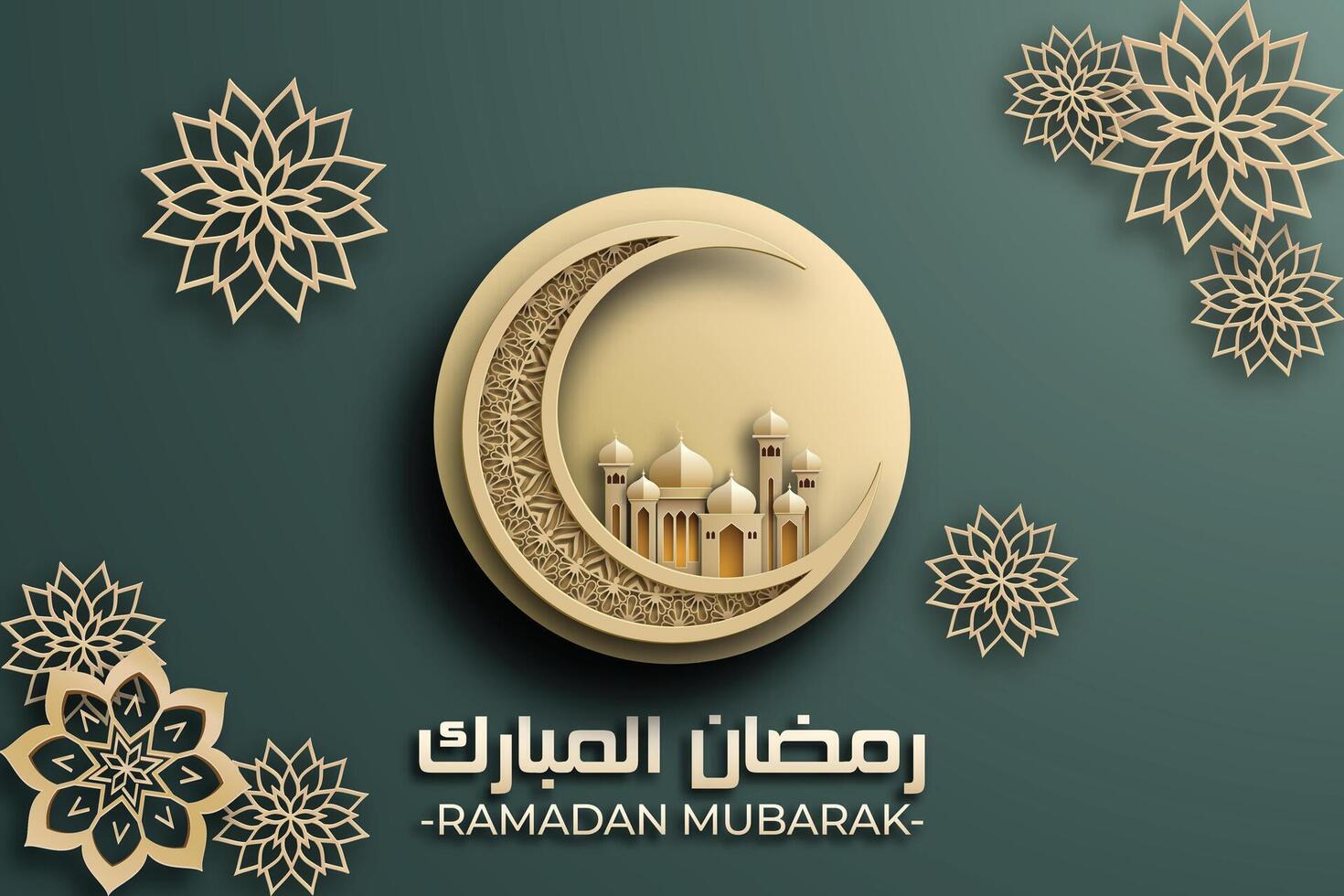 Ramadan mubarak manifesto con un' 3d carta tagliata design con islamico moschea, fiore, e un' mezzaluna Luna. lussuoso verde colore per creare un elegante e festivo atmosfera. vettore